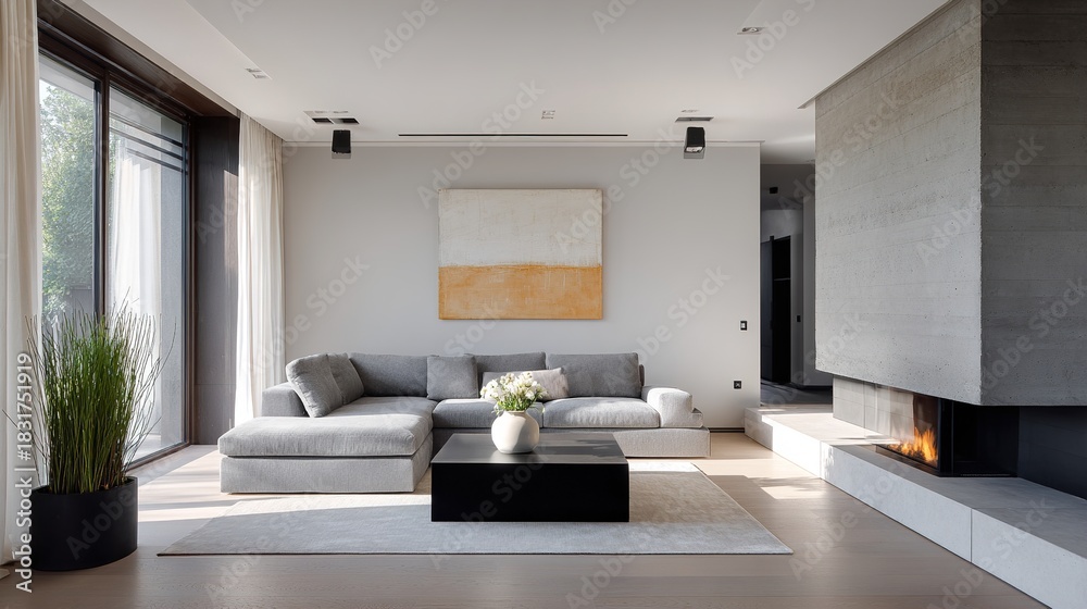 Naklejka premium Modern minimalist living room interior with concrete fireplace and sofa