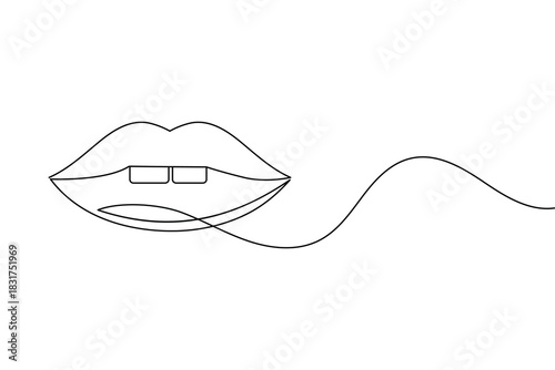 Minimalist continuous line art drawing of sensual female lips with subtle teeth.