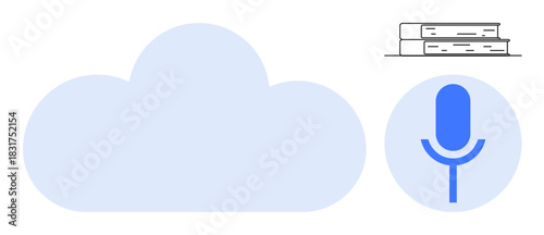Cloud icon, microphone, and stack of books representing digital storage, voice-based learning, and education. Ideal for technology, learning, communication, knowledge sharing innovation