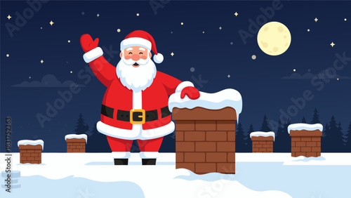 Santa Claus waving happily from a snow-covered rooftop at night with a bright full moon in the sky