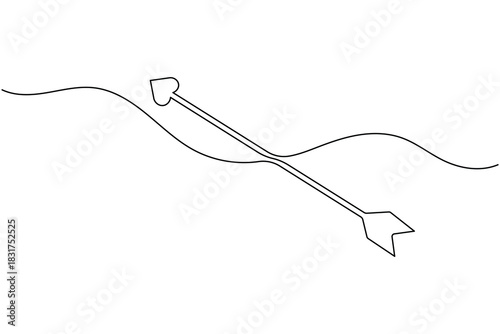 Continuous line drawing of an arrow with heart tip and wavy line art design
