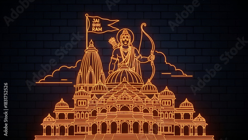 Shri Ram Divine Neon Illustration with Ayodhya Mandir Glowing Temple Artwork Depicting Maryada Purushottam Spiritual Power Devotion Sacred Hindu Culture Ram Navami Deepawali Faith Mythology Holy 