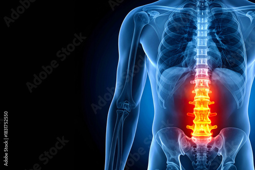 X-ray of the back with a herniated, painful area marked in red.