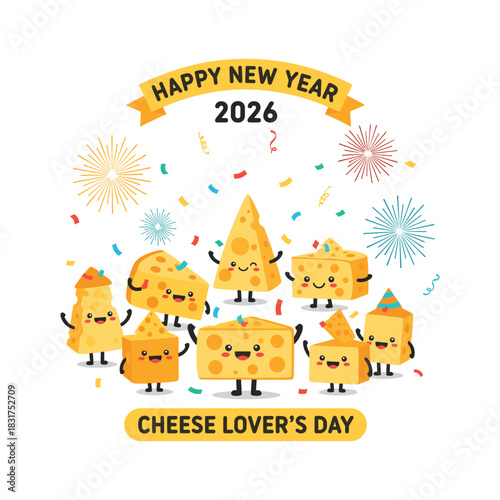 Happy new year 2026 with cheese characters and confetti celebration