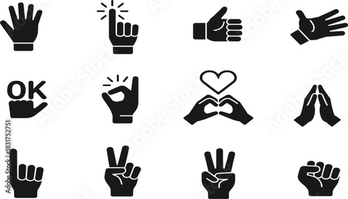 Hand Gestures, Signs, and Communication Glyph Icons Set: Featuring Thumbs Up, OK, Heart, Praying, Pointing, Peace Sign, and Fist Vector Illustration