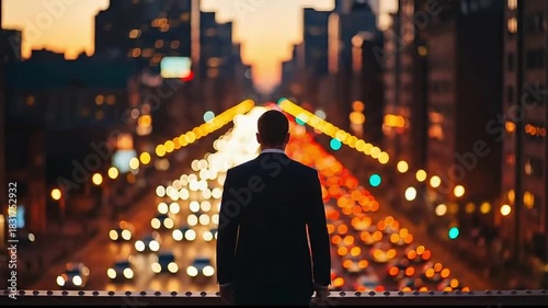 Ambitious executive overlooks vibrant city lights at dusk, feeling energized and ready to make bold decisions for the company's bright future