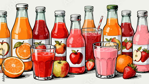 This vibrant illustrated collection shows various colorful cold drinks (juices, cocktails) in glassware, garnished with fruits/mint and labeled, arranged neatly against a white background.