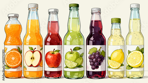 This vibrant illustrated collection shows various colorful cold drinks (juices, cocktails) in glassware, garnished with fruits/mint and labeled, arranged neatly against a white background.
