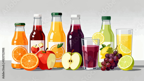 This vibrant illustrated collection shows various colorful cold drinks (juices, cocktails) in glassware, garnished with fruits/mint and labeled, arranged neatly against a white background.