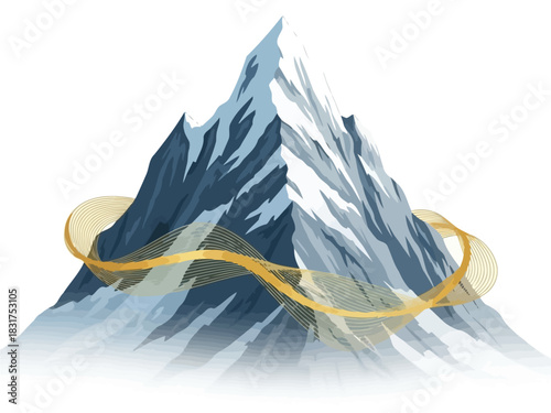 Minimalist Snowy Mountain Illustration with Golden Abstract Lines – Modern Nature Artwork