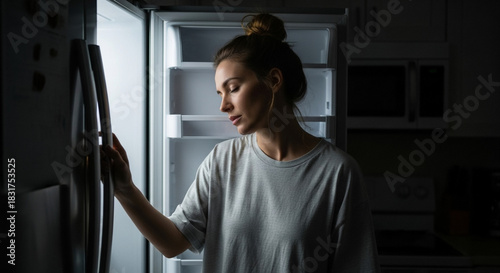 Woman opening fridge at night, midnight snack and late-night craving in quiet kitchen