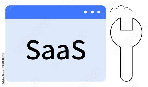 SaaS concept. SaaS illustration a browser window and cloud symbol alongside a wrench graphic. SaaS for cloud computing, technology tools, online services, modern business, IT solutions