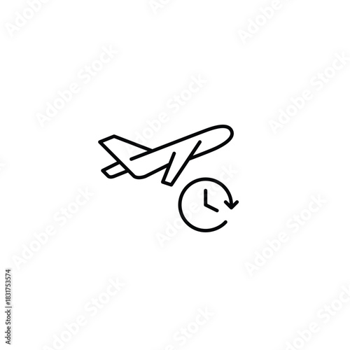 Plane taking off and clock. Boarding time reminder, flight schedule. Pixel perfect, editable stroke vector icon
