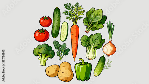 This vibrant illustrated collection features a variety of fresh vegetables (carrots, broccoli, tomatoes, lettuce, etc.) in colorful, detailed artwork, arranged against a plain white background.