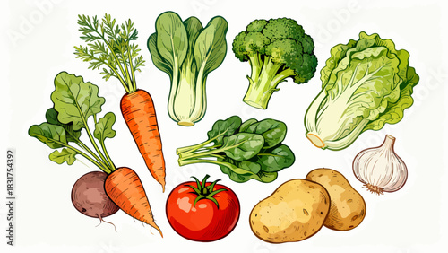 This vibrant illustrated collection features a variety of fresh vegetables (carrots, broccoli, tomatoes, lettuce, etc.) in colorful, detailed artwork, arranged against a plain white background.
