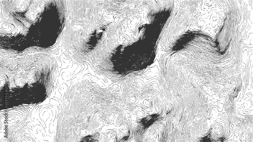 Black and white abstract topographic map lines with dark shaded areas background contour