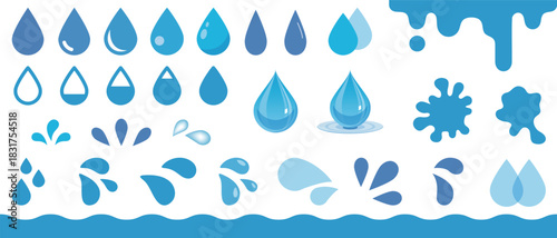 様々な形と光沢を持つ水滴としずくのベクターイラストセット