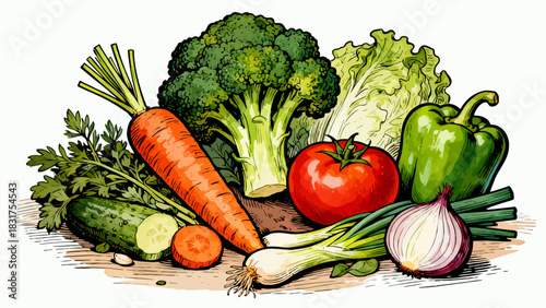 This vibrant illustrated collection features a variety of fresh vegetables (carrots, broccoli, tomatoes, lettuce, etc.) in colorful, detailed artwork, arranged against a plain white background.
