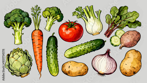 This vibrant illustrated collection features a variety of fresh vegetables (carrots, broccoli, tomatoes, lettuce, etc.) in colorful, detailed artwork, arranged against a plain white background.