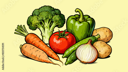 This vibrant illustrated collection features a variety of fresh vegetables (carrots, broccoli, tomatoes, lettuce, etc.) in colorful, detailed artwork, arranged against a plain white background.