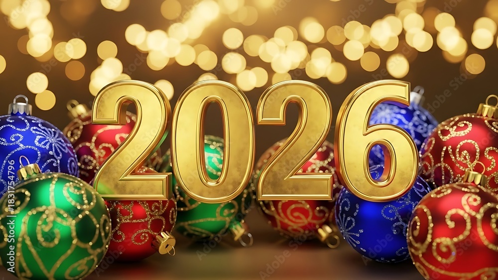 Fototapeta premium Golden 2026 numbers surrounded by festive christmas ornaments and bokeh lights