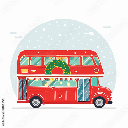 Stylized Handdrawn Red Double Decker Christmas Bus with Wreath Illustration