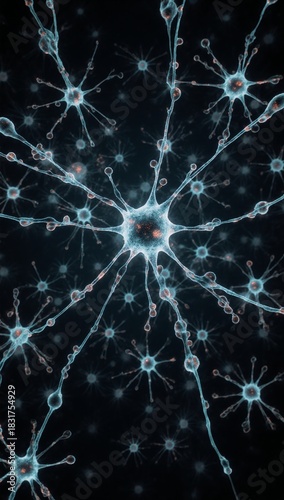 A detailed 3D rendering of neuron cells transmitting electrical impulses within a neural network representing brain activity in neurological science and advanced medical diagnostics