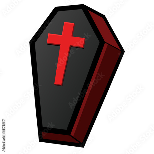 A dark coffin with a bold red cross emblem on its lid, rendered in a graphic, illustrative style.