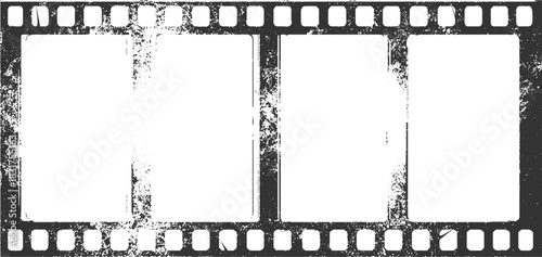 Four blank vintage film frames with grunge texture and perforations strip retro
