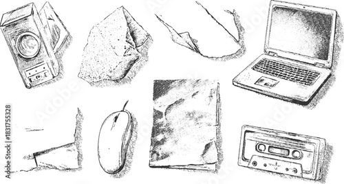Hand drawn sketch of vintage computer tower laptop computer mouse audio cassette and crumpled paper drawing