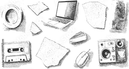 Collection of vintage and modern objects including a laptop cassette tape computer mouse and boombox