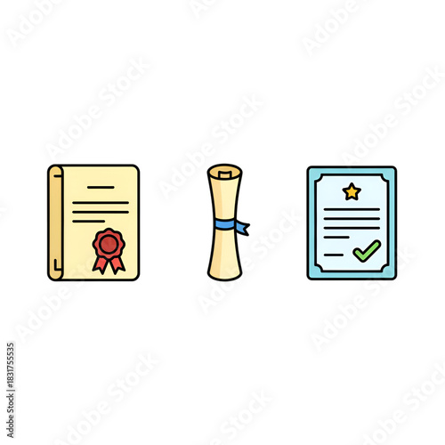 Set of certificate icons diploma and degree symbols in flat vector style isolated on white background