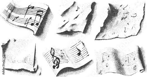 Six fragmented vintage sheet music scrolls with musical notes and staves in black and white halftone style