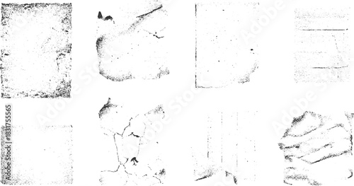 Collection of eight black and white abstract textured grunge background elements vector