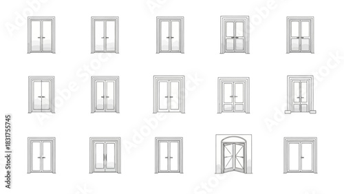 A versatile collection of white double doors with various classic and modern designs isolated on a plain background