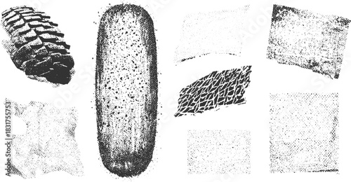 Collection of black and white textured graphic elements and tire tread pattern vector