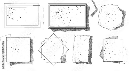 Collection of hand drawn textured shapes and frames with speckles abstract background