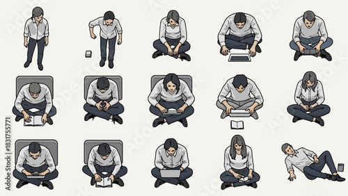 Isometric collection of diverse people sitting on the floor, deeply engaged with their personal electronic devices like laptops and phones