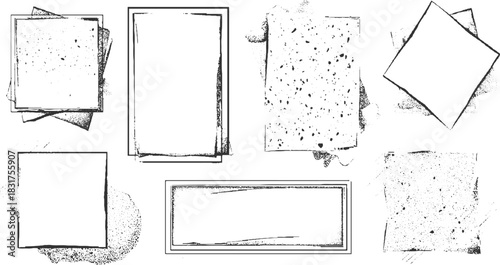 Collection of seven black and white graphic frames with textured borders and speckled fill vector