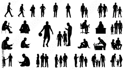Collection of diverse human silhouettes engaged in various activities, representing different ages, genders, and social interactions for design projects