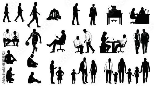 Diverse collection of human silhouettes illustrating various actions, interactions, and family dynamics in everyday life for design projects