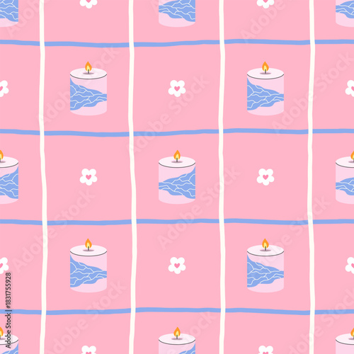 Cozy seamless pattern with blue candle, soft pink grid background and tiny white flowers. Perfect for Valentine, packaging, stationery and romantic decorative projects