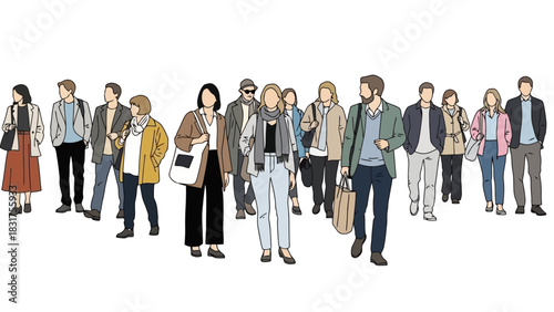 Illustration of diverse group of people walking together on a white background, representing community