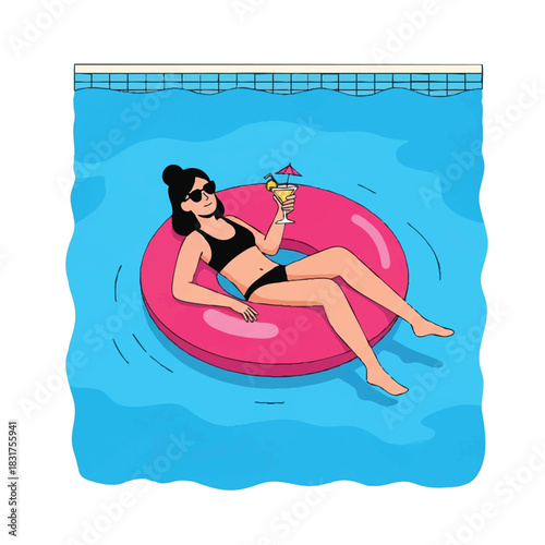 Relaxed woman in black swimsuit lounges on pink inflatable raft in pool holding cocktail with umbrella, conveying leisure and enjoyment.