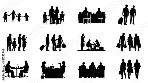 Various Silhouettes of People Families, Travelers, and Professionals in Diverse Settings