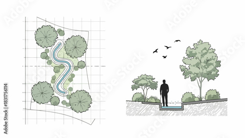 Architectural Landscape Plan Illustration of a serene garden with a winding water feature and person