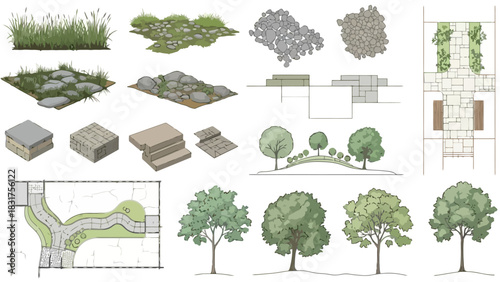 Set of detailed landscape design elements with trees, stone paths, and architectural plans for garden and park projects