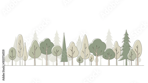 Stylized Natural Forest Line Vector Illustration with Diverse Green Trees in a Minimalist Art Style, Perfect for Eco-Friendly Design Concepts