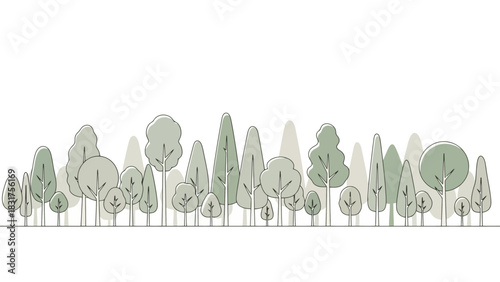 A row of diverse trees in varying sizes and shapes, rendered in a simple, modern, illustrative style with green and gray tones