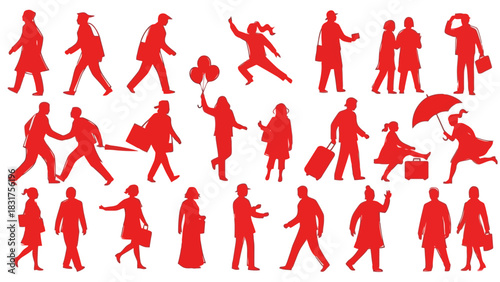 Diverse collection of red silhouette illustrations depicting people engaged in various daily activities, showcasing movement and social interactions in a dynamic graphic style